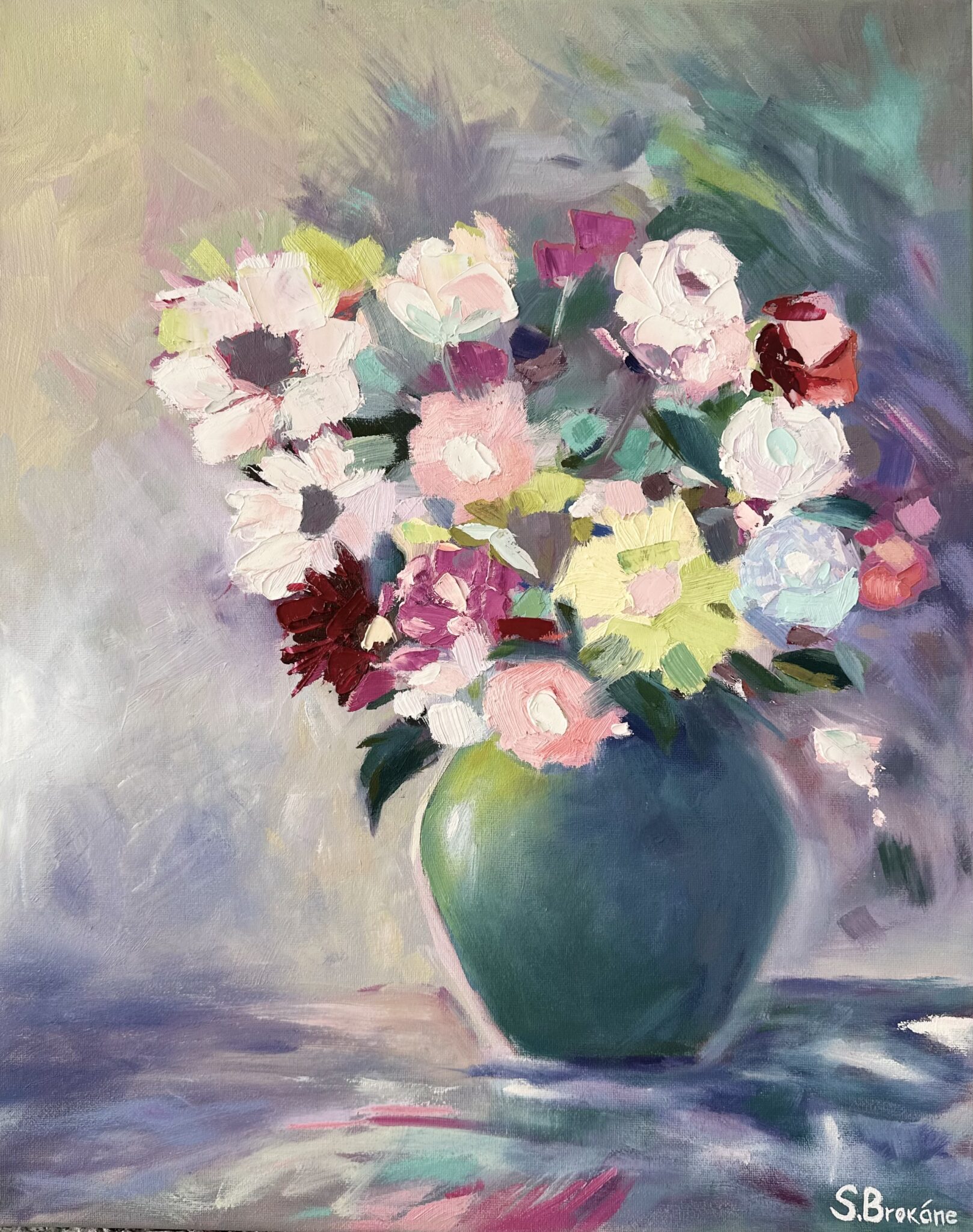 "Flowers in a green vase"