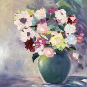 "Flowers in a green vase"