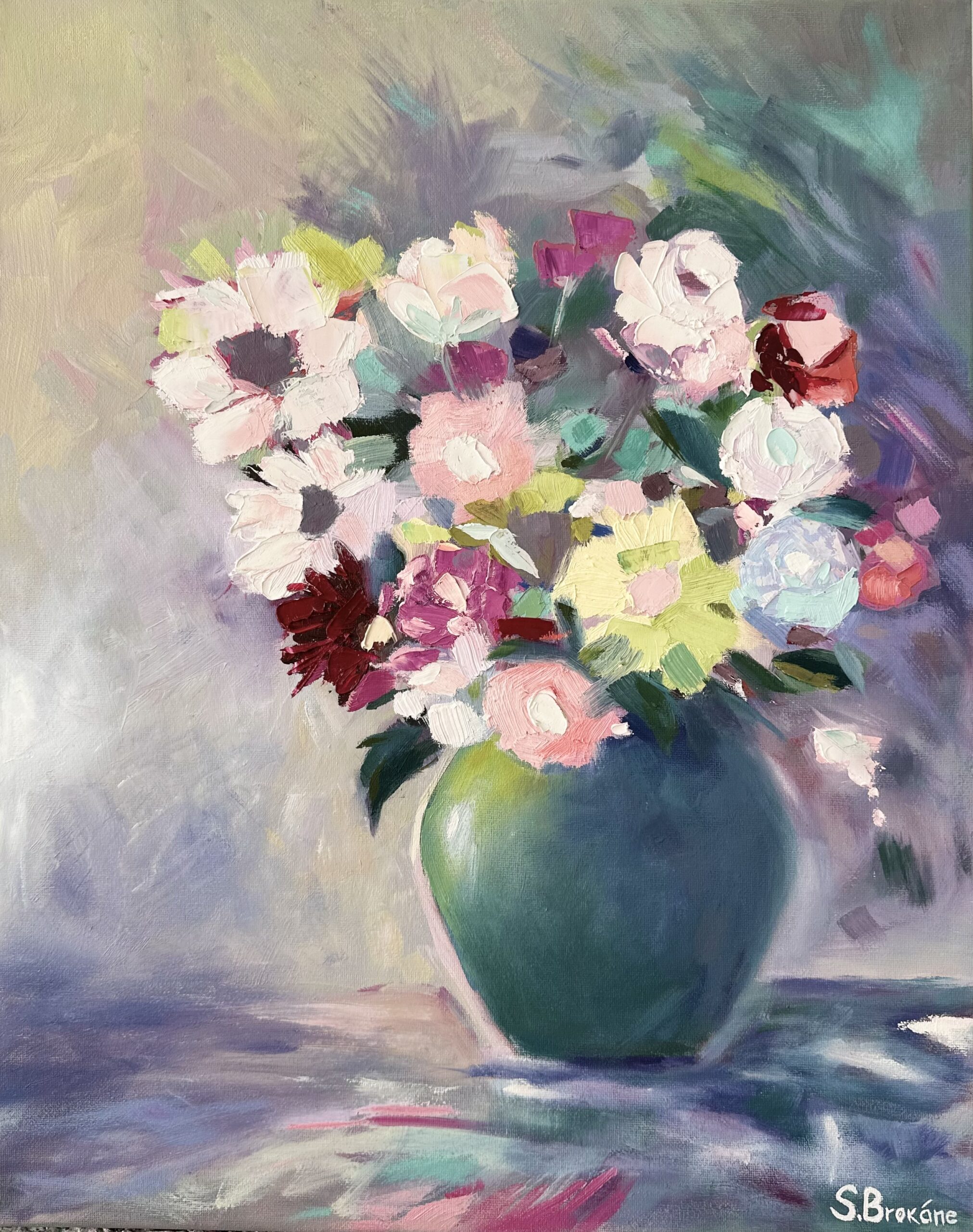 "Flowers in a green vase"